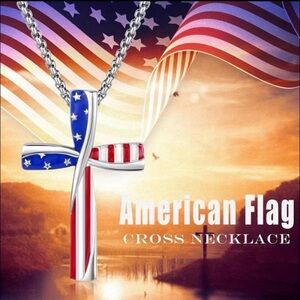 Patriotic Cross Pendant Necklace, Red White Blue Stars & Stripes, American Flag